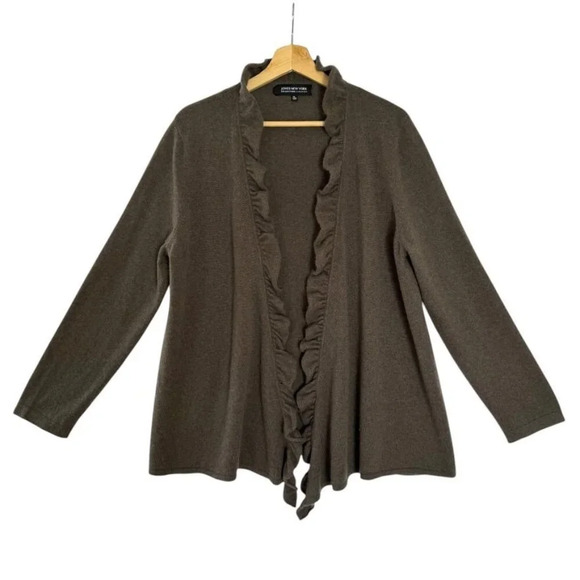 Jones New York Collection Brown 100% Cashmere Ruffle Open Front Cardigan Size XL - Picture 1 of 7